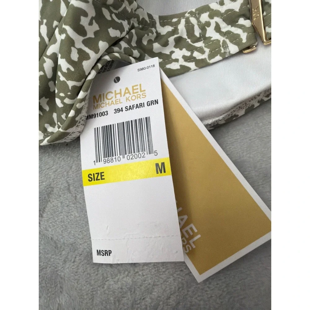 NWT Michael Kors Bikini Top Womens Safari Green Animal Print Ring Detail M $90